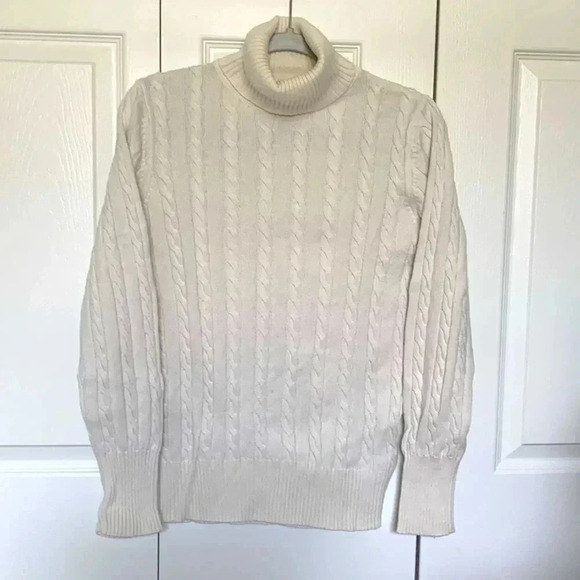 Eddie Bauer Ivory/Cream Cable Knit Turtleneck cotton sweater - Picture 1 of 6